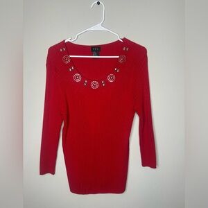 R.Q.T Red Long Sleeve Womens Ribbed Top With Silver Sweater size XL